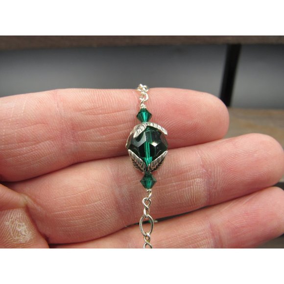 7 Inch Sterling Silver Unique Green Crystals With Leaf Accents Nature Bracelet - Picture 2 of 7